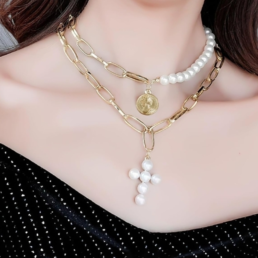Layered Golden Necklaces for Women, Faux Pearl Cross Necklace Stack Layered